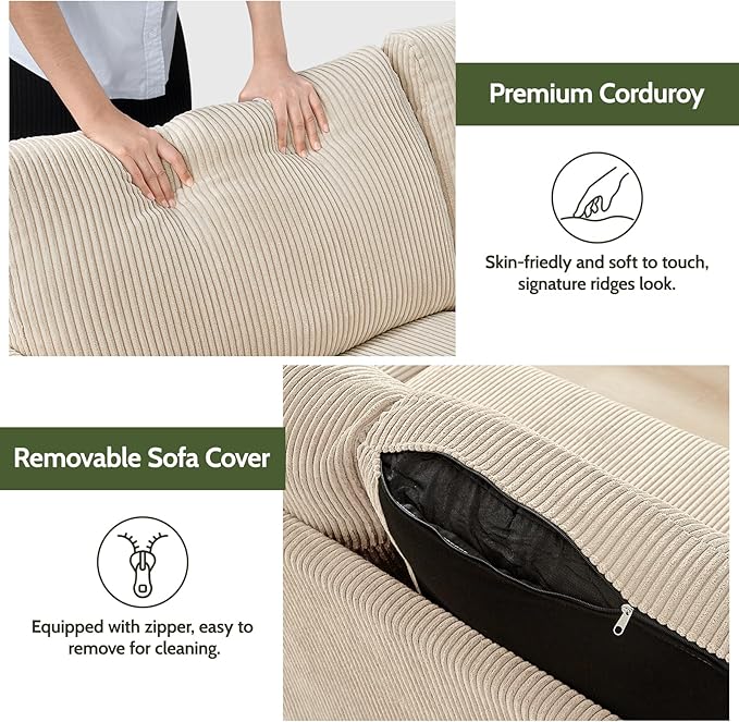 WEUP 68" Loveseat Sofa Beige Corduroy Couch, Mid Century Modern Love Seat Couches for Living Room, Small Loveseat for Bedroom Office, Comfy Sofa with Spring Cushion, Solid Wood, Tool-Free Assembly