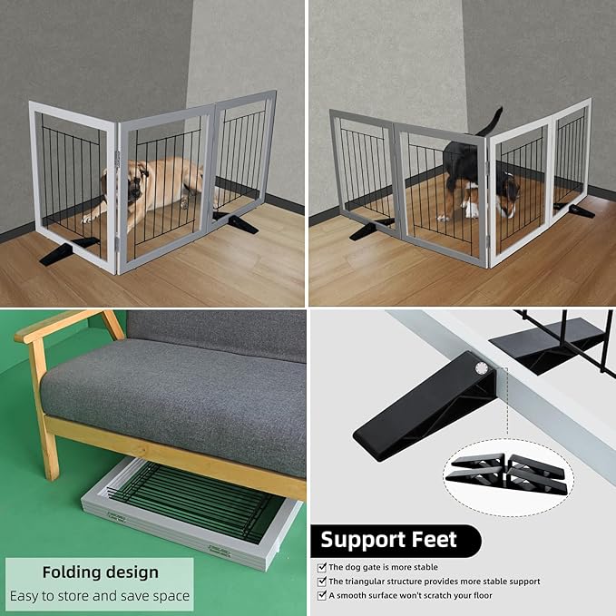 ZJSF Freestanding Dog Gate Indoor, Foldable Dog Fence for Doorways,Hallways or Stairs, Sturdy Wood Extra Wide Pet Gate with Support Feet,Grey,32 "Height-3 Panels