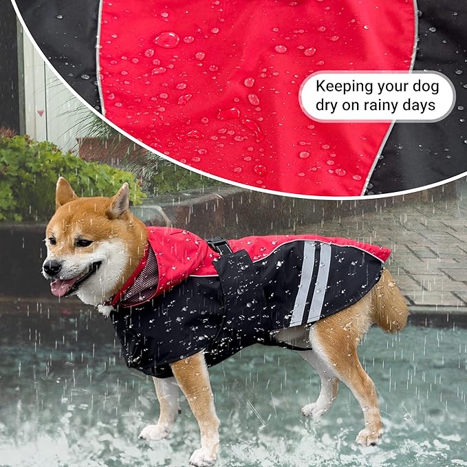 Dog Raincoat for Medium Large Extra Large Dogs, Waterproof Rain Jacket with Reflective Strap, Lightweight Hoodies Full-Body Coverage Dry Clothes (XL, Red)