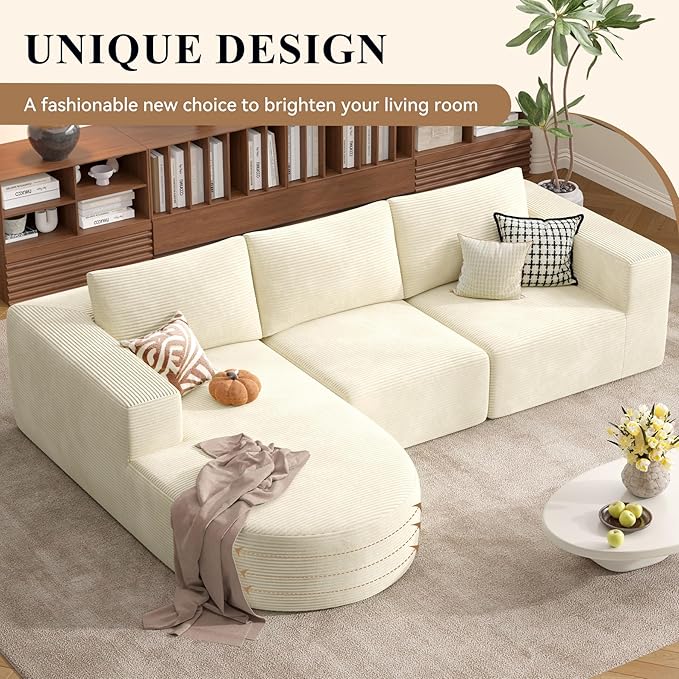 Modular Sectional Sofa with L-Shape Chaise,Cloud Sectional Modern Sleeper Couch with Deep Seat,Sponge Compression Sofas No Assembly Required (Beige-Corduroy Fabric)