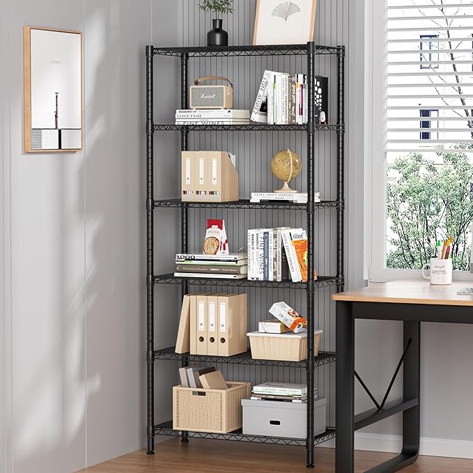 6 Tier Adjustable Storage Shelves,Heavy Duty Metal Utility Shelf 900LBS Capacity,Wire Shelving Unit Organizer Rack for Home,Kitchen,Office,Bathroom,Pantry Room,12" D x 22" W x 69" H,Black