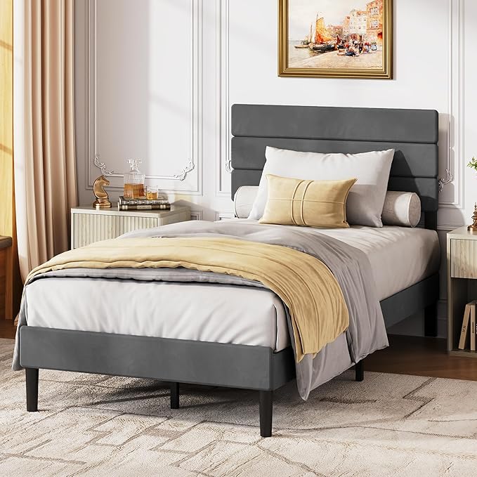 WLIVE Twin Size Upholstered Bed Frame, Velvet Square Tufted Headboard, Sturdy Metal & Wooden Slats Support, No Box Spring Needed, Light Grey