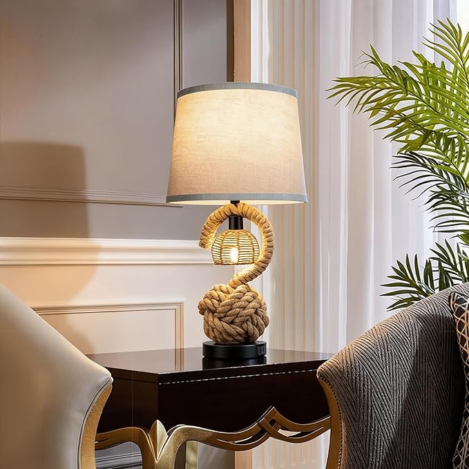 22" Rope Lamps for Night Stands, Dual-Lights Bedside Lamps Set of 2, Boho Table Lamps for Living Room, 3-Color Temperatures Boho Lamp with Rotary Switch, Rattan Lamp with USB Ports, 4 Bulbs Included