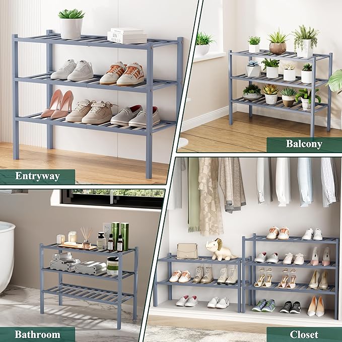 Smiry Shoe Rack, 2 Tier Small Bamboo Shoe Organizer, Stackable Free Standing Wooden Shoe Storage Shelf for Closet, Entryway, Front Door Entrance, Grey