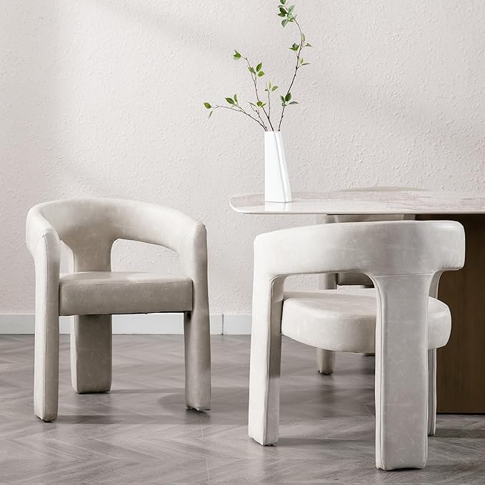 Modern Barrel Dining Chairs Set of 3, PU Leather Upholstered Accent Side Chair with Arms Comfy Makeup Vanity Chairs, Dining Living Room Kitchen Chairs, Grey