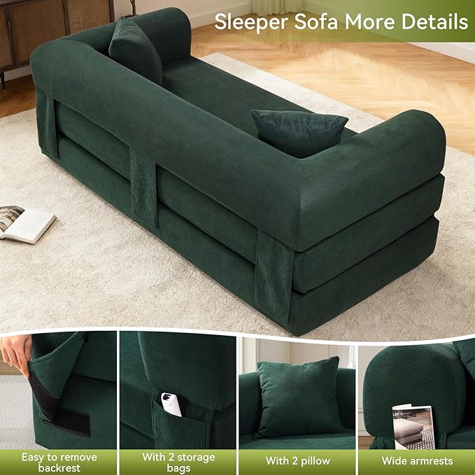 Convertible Futon Sofa Bed,80" Folding Pull Out Couch with Pillows & Storage Pocket, Oversized Queen Sleeper Sofa in a Box,Corduroy Boneless Couch for Living Room,Deep Green