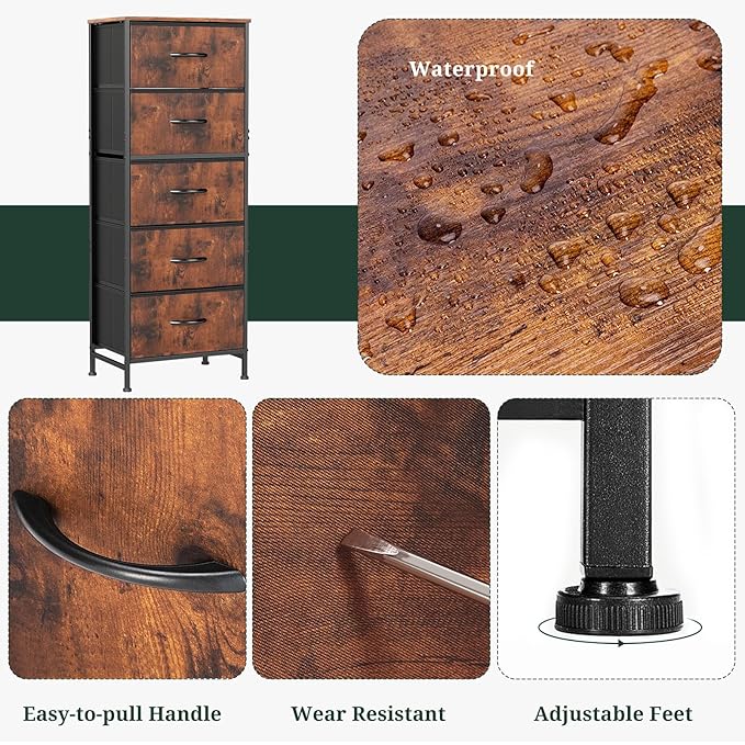 Nightstand, 5 Drawer Dresser End Table Bedside Furniture with Wooden Top Steel Frame Fabric Bins for Bedroom, Closet, Entryway, Dorm, Living Room, Brown