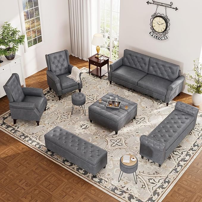 55 Inch Bedroom Bench, End of Bed Bench with Storage, Bed Benches for Foot of Bed, Faux Leather Window Bench with Rolled Arms, Upholstered Storage Bench with Tufted Button and Nailhead Trim, Gray