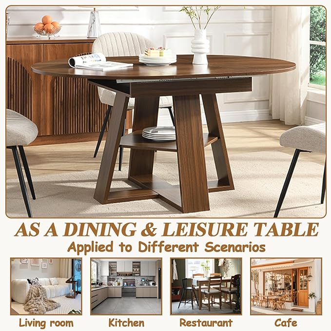 Round Dining Table for 4-8 People, 43.3"-59" Oval Dining Table Space Saving, Expandable Kitchen Table with Smooth Glide Mechanism Modern Design & Wood Base for Small Space (Walnut)