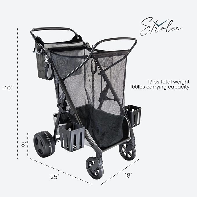 Strolee Large Wheeled Collapsible Beach Cart for Soft Sand, Shopping, Camping & Garden- Lightweight Aluminum Frame- Removable Storage Bag with Carrying Straps, X-L Capacity & Cooler Rack Dark Grey