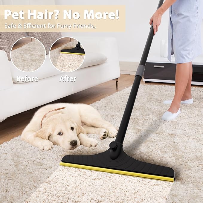 B-Land Carpet Rake for Pet Hair Removal, Reusable Pet Hair Remover with 60” Adjustable Long Handle, Carpet Scraper Dog Cat Hair Remover Tool for Rugs, Mats, Couch, Furniture-Black Pole