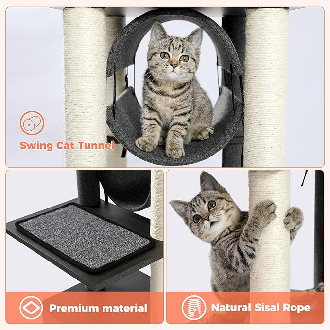52" Modern Cat Tree for Large Cats, Wooden Cat Tower with Fully Sisal Covered Scratching Posts, Luxury Cat Furniture with Spacious Perch, Super Large Hammock, Cozy Condo and Swing Tunnel Black