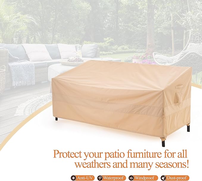 WJ-X3 Patio Sofa Covers Waterproof, 3-Seater Heavy Duty Lawn Couch Covers UV Resistant, Deck Sofa Chair Set Covers Anti-Fading, Wind Resistant, 87W x 42D x 35H Inches, Beige
