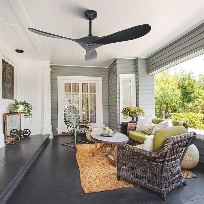 Smart Ceiling Fan no Light, 52 Inch Outdoor Ceiling Fan Without Light, Compatible with Alexa/Google/App, 3 Solid Wood Blades, Modern Wood Fan for Patio, Bedroom, Living Room, Black