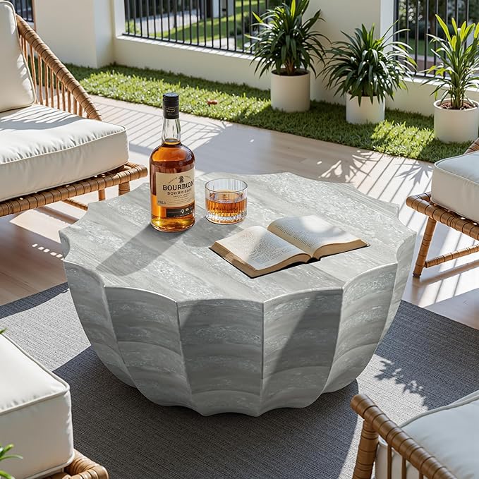 35" Outdoor Round Coffee Table Modern Stylish Design Waterproof & Moisture-Proof No Assembly Required Outdoor Coffee Table for Patio, Garden, Backyards - US Warehouse (Marble White)