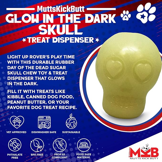 SodaPup MuttsKickButt Glow in The Dark Skull – Durable Dog Treat Dispenser & Chew Toy Made in USA from Non-Toxic, Pet Safe, Food Safe Rubber Material for Mental Stimulation, Problem Chewing, & More