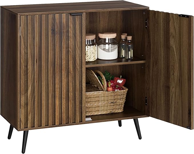 Smuxee Fluted Sideboard Cabinet, Freestanding Walnut Buffet Cabinet with Adjustable Shelf, Wood Storage Cabinet for Living Room, Entryway, Hallway