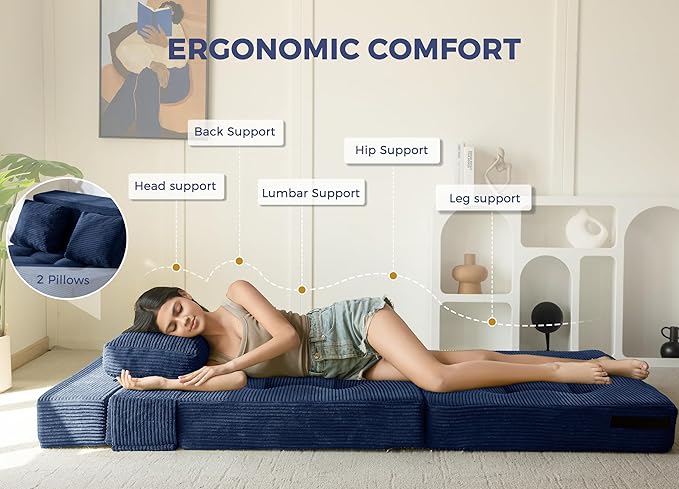 MAXYOYO Convertible Sofa Bed, Fold Out Loveseat Sleeper Sofa with Pillow, 4 in 1 Tufted Folding Couch Bed Foam Floor Couch, Lazy Chair for Living Room Bedroom Guest Room, Navy