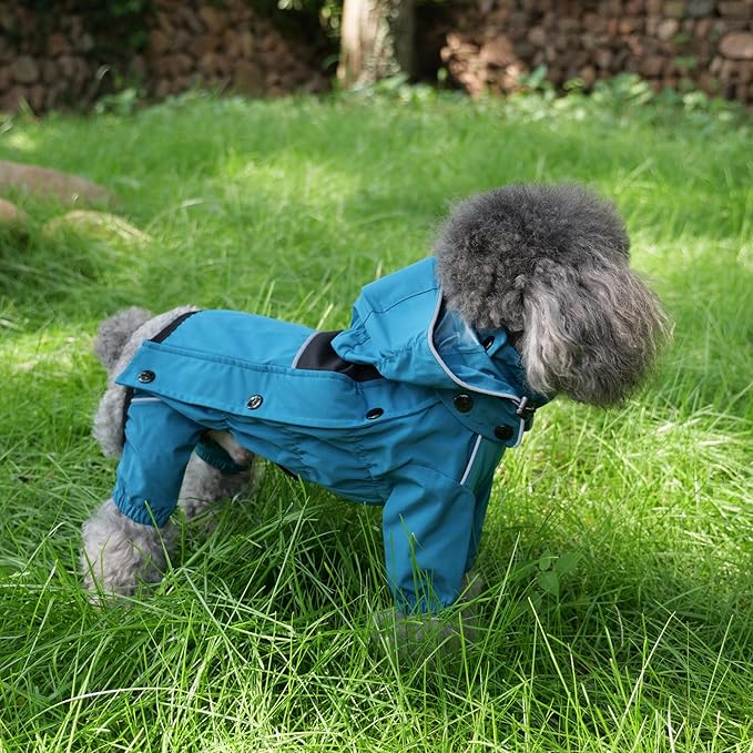 LOVELONGLONG Waterproof Dog Raincoat with Removable Hood – Outdoor Full Body Dog Jacket, Windproof Snowproof Shell Suit – All Season Pet Rain Gear Ocean Teal L