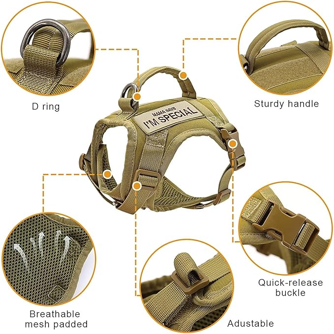 Forestpaw Cat Harness Escape Proof for Walking,Adjustable Cat Vest Harness with Soft Mesh Padded,Tactical Cat Harness with Control Handle,Molle Patches,Khaki