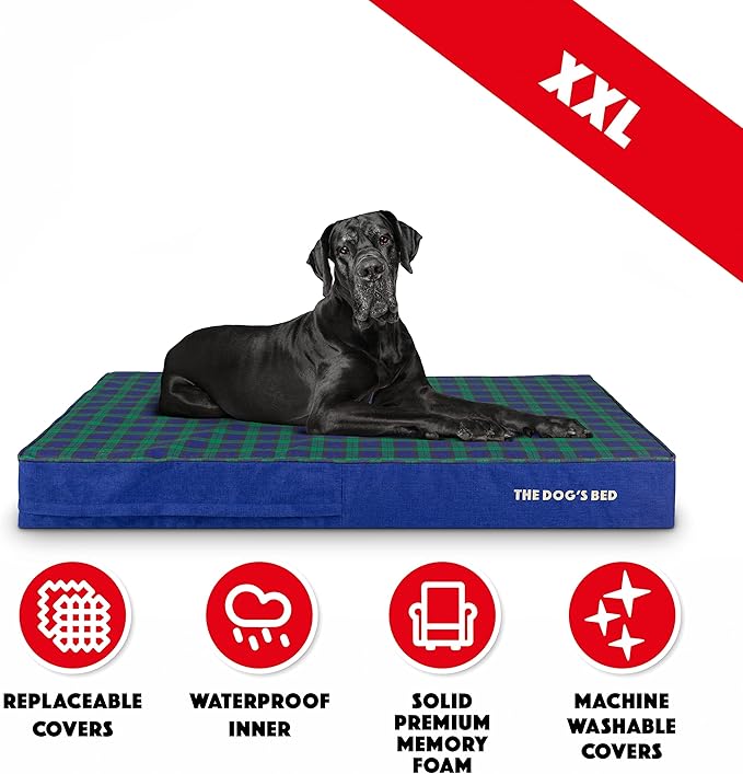 The Dog’s Bed Orthopedic Memory Foam Dog Bed, XXL Black Watch Tartan 54x36 Pain Relief for Arthritis, Hip & Elbow Dysplasia, Post Surgery, Lameness, Supportive, Calming, Waterproof Washable Cover