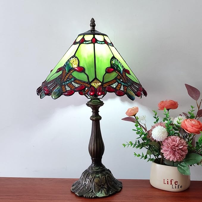 Tiffany lamp Green Baroque Style Stained Glass Table Lamp 12X12X19 Inches 3 -Way Tiffany Style Antique Light for Home Bedroom Living Room - 12W E26 Bulb Include