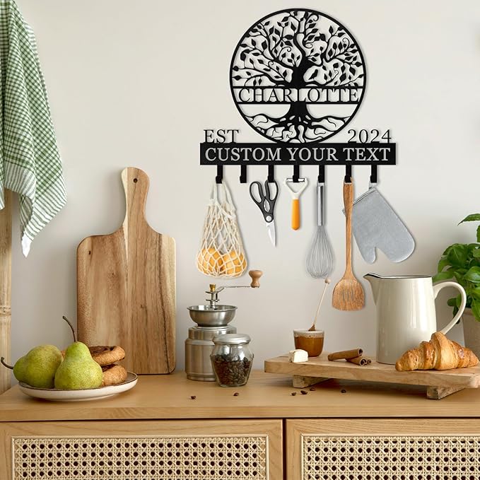 Personalized Metal Key Holder Wall Mount, Custom Name Tree of Life Key Holder for Wall, Key Organizer Rack with Hooks, Home Decor for Living Room Entryway Bathroom Kitchen, Housewarming Gifts Color03