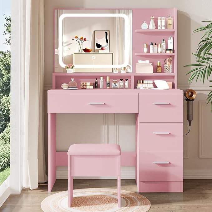 Makeup Vanity Desk Set, 35.4" Wx15.7”Dx53.9“H, Pink (Smart LED Mirror, with Cushion Stool, Hairdryer Rack, Power-Outlet, 4 Drawers, Open Shelves)