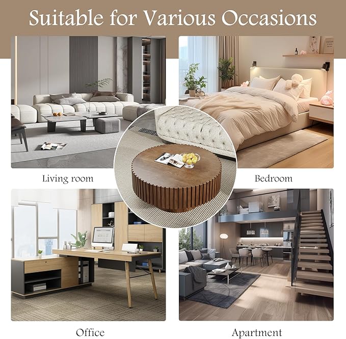 Fluted Coffee Tables 31.5" Round Wood Coffee Table Modern Handcraft Drum Coffee Table with Sturdy Pedestal Unique Coffee Tables for Living Room Home Office (Round Brown)