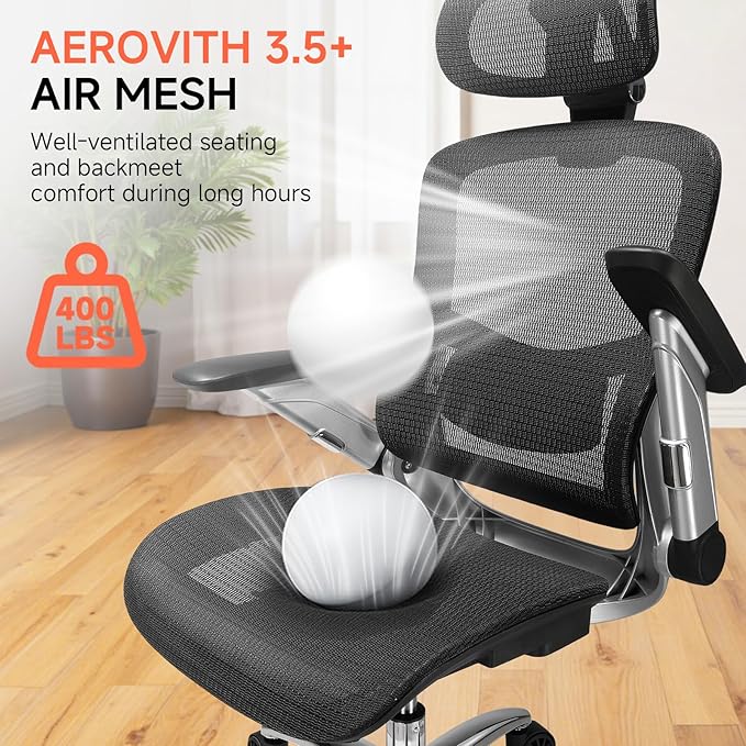 COMHOMA Big and Tall Ergonomic Mesh Office Chair, High Back Home Desk Chair Computer Gaming Chair with Headrest, Flip-Up Arms, 90-125° Tilt Lock and Wide Cushion, Task Chair for Man Woman- Black