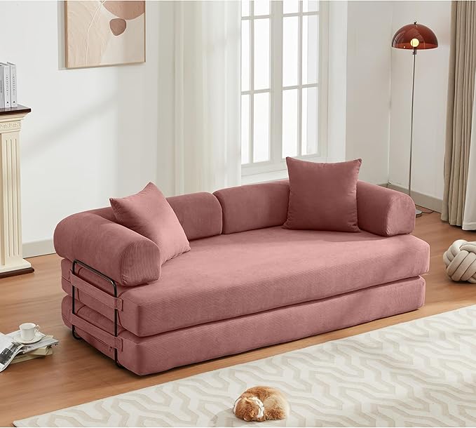 Convertible Sleeper Sofa Bed with Cylindrical Pillow, Corduroy Folding Boneless Couch with Fixed-Shape Frame, Floor Sofa Lounge Couch for Living Room Bedroom Lounge Studio-Pink