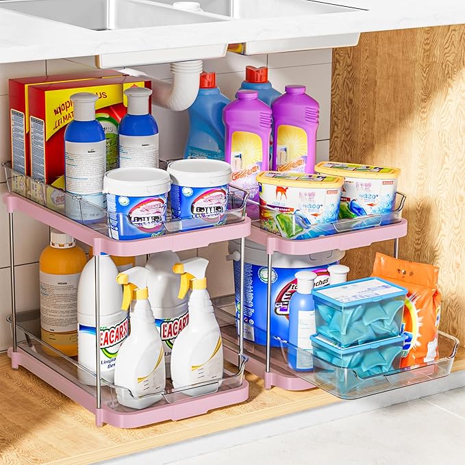 Delamu 2-Tier Multi-Purpose Bathroom Under Sink Organizers and Storage, Stackable Kitchen Pantry Organization, Pull Out Medicine Cabinet Organizer with Movable Dividers, Pink, 2 Pack