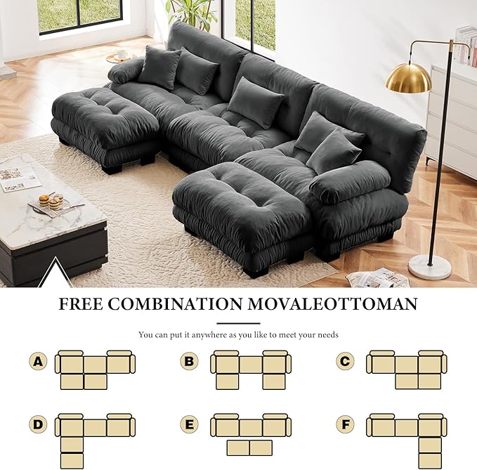 133.8" Oversized Couch, 3 Seater Modular Sectional Sofa, Grey Large U Shaped Sectional Couches for Living Room, Fluffy Couches Set, Chenille Cloud Couch with Ottoman, Sofas for Living Room