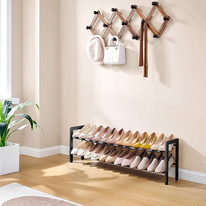 FAVOOSTY 2-Tier Expandable Shoe Rack, Adjustable Shoe Shelf Storage Organizer Space Saving Metal Free Standing Shoe Rack for Entryway Closet Doorway, Black