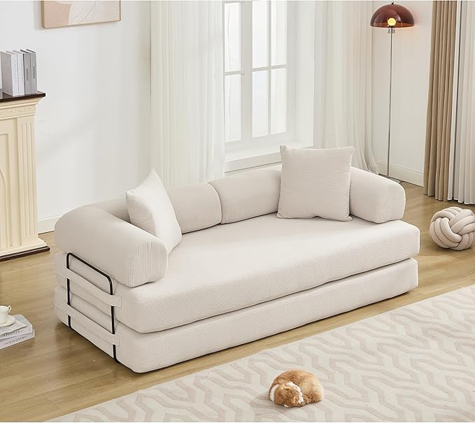 Convertible Sleeper Sofa Bed with Cylindrical Pillow, Corduroy Folding Mattress Couch with Fixed-Shape Frame, Floor Sofa Lounge Couch for Living Room Bedroom Lounge Studio, Beige