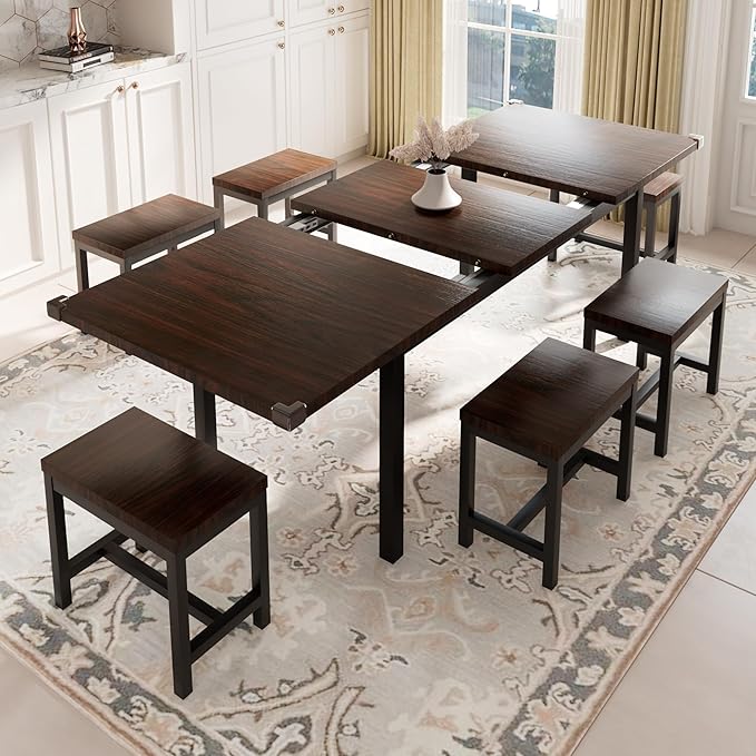 Feonase 7-Piece Dining Table Set with 6 Stools, 63 Inch Extendable Kitchen Table for 4-8, Kitchen Room Set with MDF Board & Metal Frame, Farmhouse Table, Space-Saving, Espresso