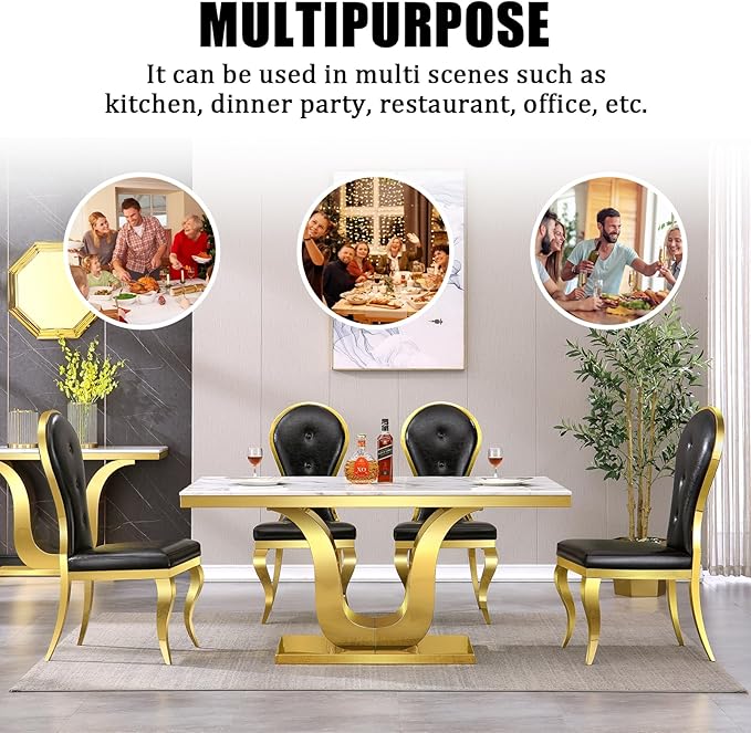 Luxury Dining Room Table with Gold Stainless Steel Metal U-Base in White Gold