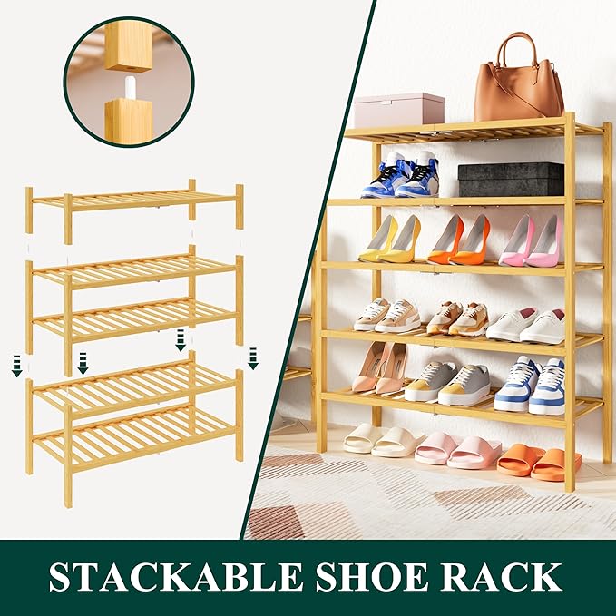 Smiry Shoe Rack, 4 Tier Thick Small Bamboo Shoe Organizer, Stackable Free Standing Wooden Shoe Storage Shelf for Closet, Entryway, Front Door Entrance, Natural