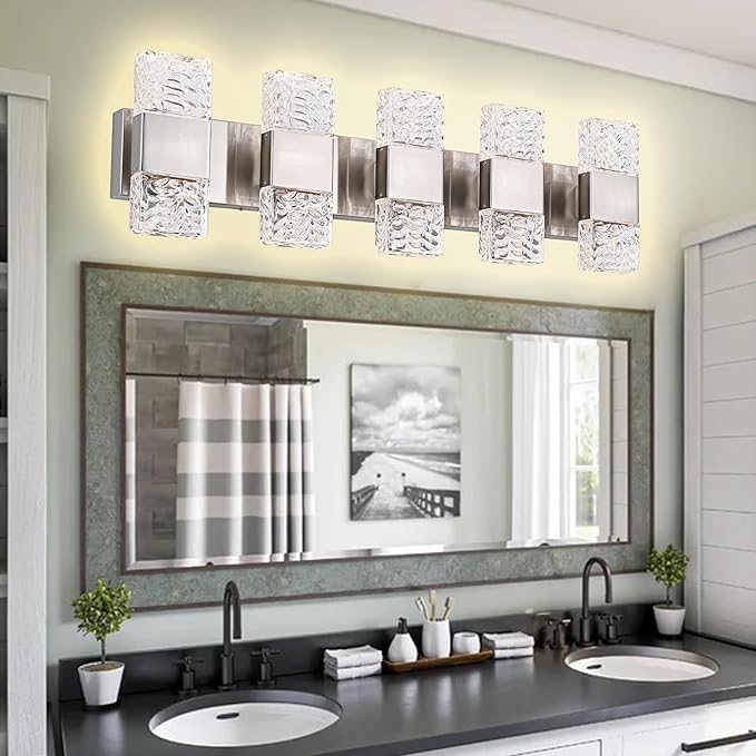 MELUCEE 30.3 in LED Bathroom Lighting Fixtures Dimmable 40W LED Vanity Light Brushed Nickel Modern Bathroom Light Bar Crystal Wall Sconce for Bath Restroom Powder Room, 3000K Warm Lighting