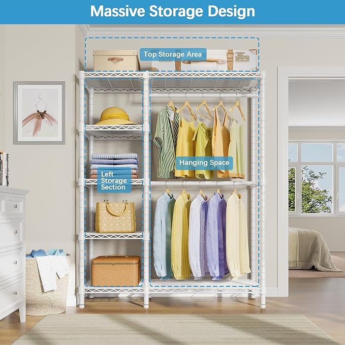 VIPEK V7 Garment Racks for Hanging Clothes Heavy Duty Clothes Rack with Shelves, Portable Closet Rack Metal Clothing Racks 5 Tiers Freestanding Closet Wardrobe System, Max Load 670lbs, White