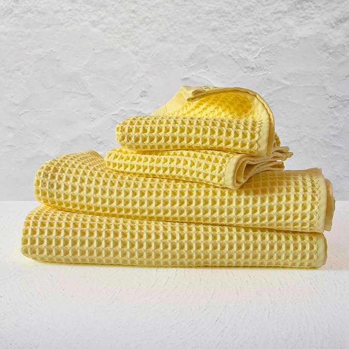 Püskül - Luxury Waffle Towel Set for Bathroom 4 Pieces Yellow, Premium Quality Organic 100% Turkish Cotton 2 Hand and 2 Bath Towels Sets, Quick Dry Thin Waffle Towels, Made in Turkiye (Light Yellow)