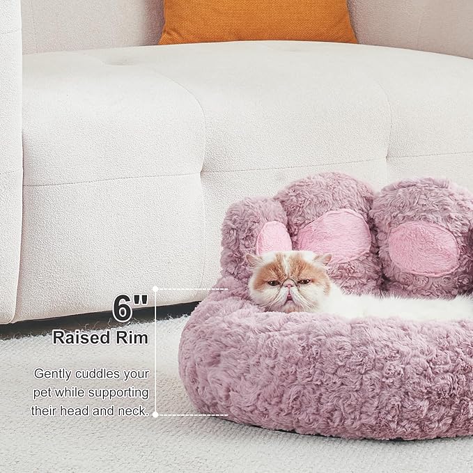 Jiupety Paw Shape Calming Pet Bed, Plush Faux Fur Donut Bed for Dogs & Cats, Machine Washable, Non-Slip Bottom, Medium (22"×22"×6"), Purple
