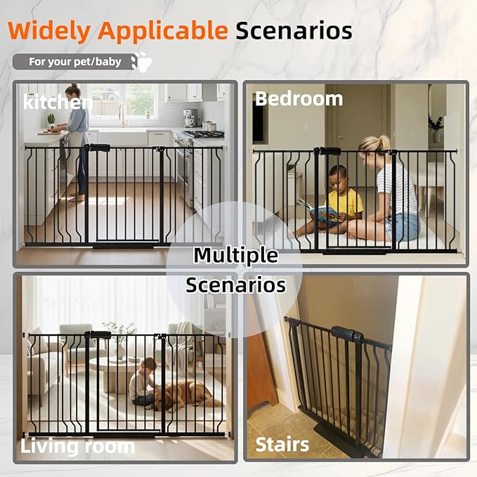 62.2"-71.65" Extra Wide Auto Closing Baby Safety Gate for Stairs & Doorways, Pressure Mounted No Drill Pet Gate with Walk-Through Door - Heavy Duty Childproof Gate for Toddlers, Kids, Dogs (Black)