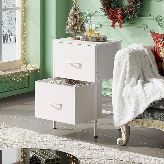 WLIVE White Night Stand, Small Dresser with 2 Drawers & Wooden Top, Nightstand with Fabric Bins, Bedside Table End Table for Bedroom, Closet, Entryway, College Dorm, White