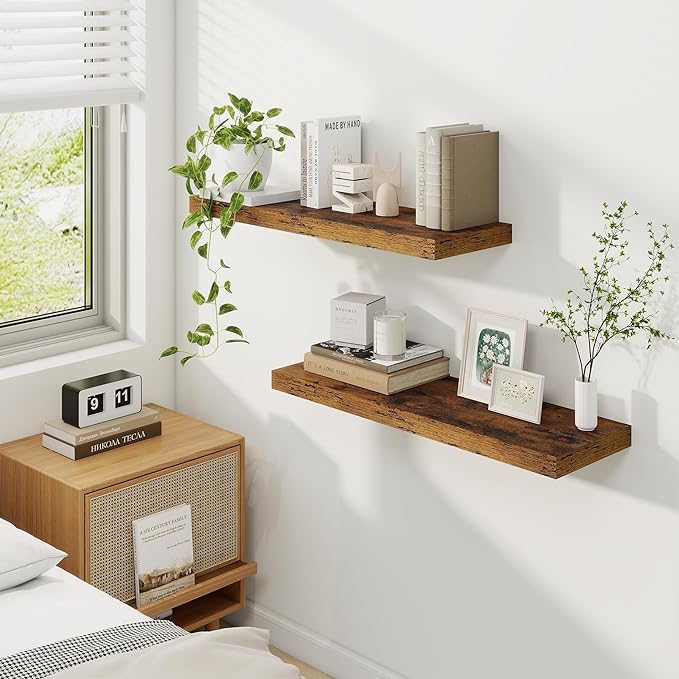 Fun Memories Floating Shelves for Wall, 30 Inch Rustic Wood Wall Mounted Shelves for Bathroom, Bedroom, Kitchen, Living Room, Deep Floating Shelves for Storage & Home Decor (Brown,Set of 2)