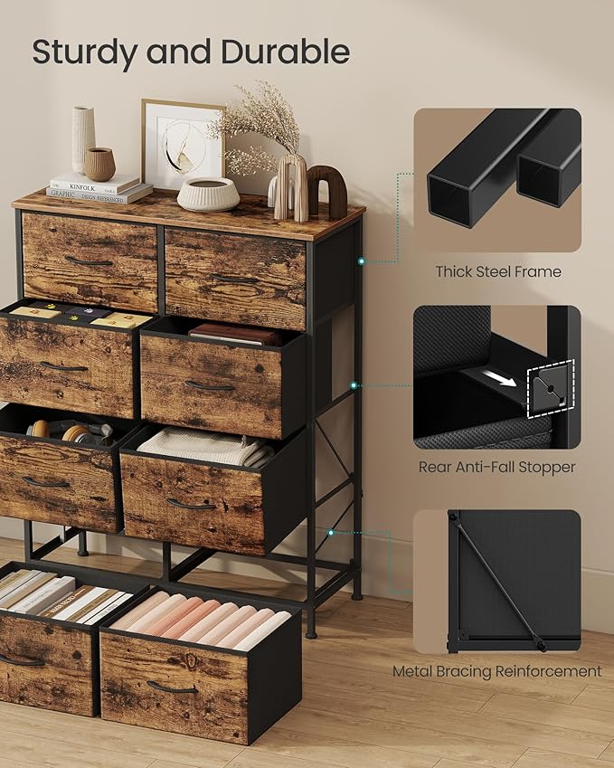 SONGMICS Dresser for Bedroom, Chest of Drawers, Steel, MDF, 8 Non-Woven Fabric Drawers, Storage Organizer Unit, Closet, Entryway, Rustic Brown and Ink Black ULGS124B02S
