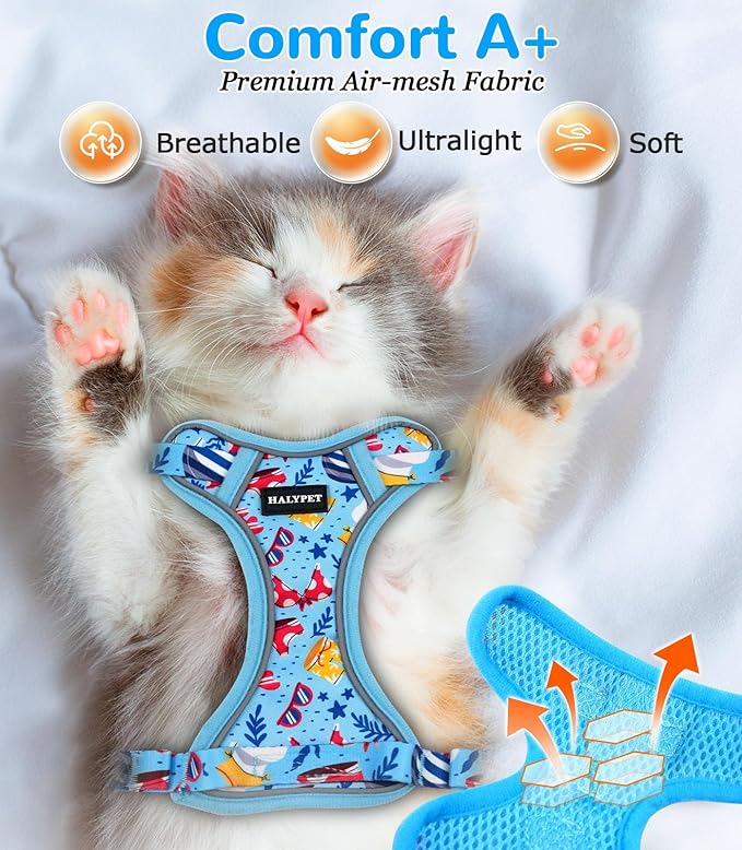 Halypet Cat Harness and Leash Set for Walking, Escape Proof Adjustable Vest Harness with 3-in-1 Integrated Buckles, Easy Control Soft Breathable Mesh with Reflective Strips for Cats, XS, Azure Blue