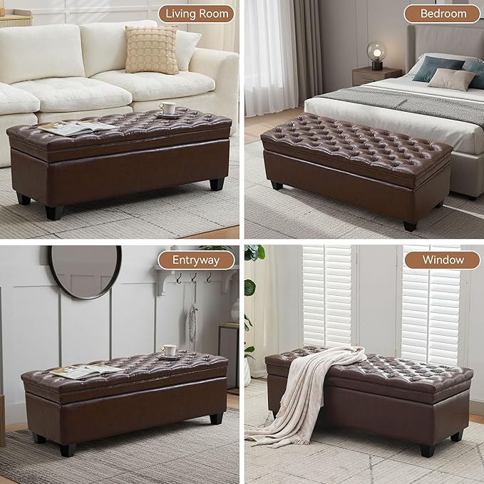 50" Faux Leather Storage Ottoman Bench, Upholstered Rectangle End of Bed Storage Ottoman Tufted Living Room Bedroom Bench with Safety Hinge, Solid Wood Legs, Loads 500 lb(Dark Rrown)