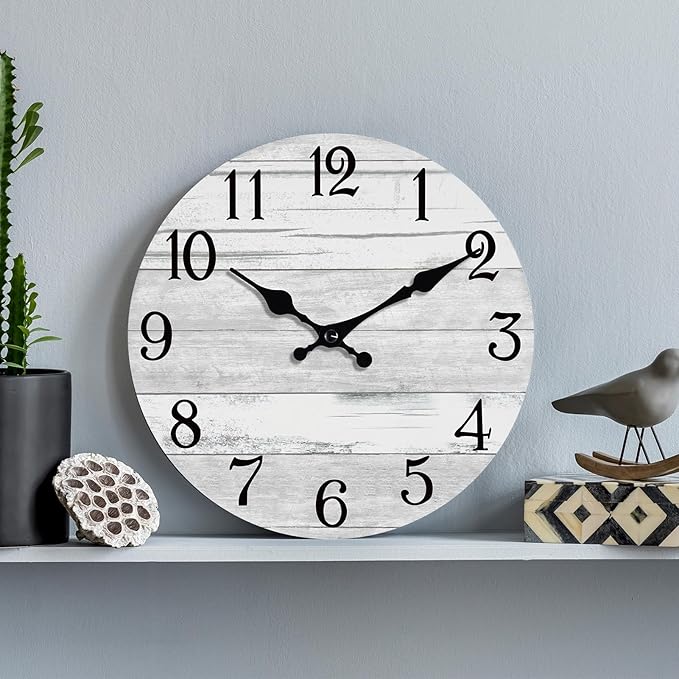 Wall Clock Battery Operated 10 Inch Gray Silent Non Ticking Country Rustic Design Vintage Retro Decorative for Bathroom Kitchen Bedroom