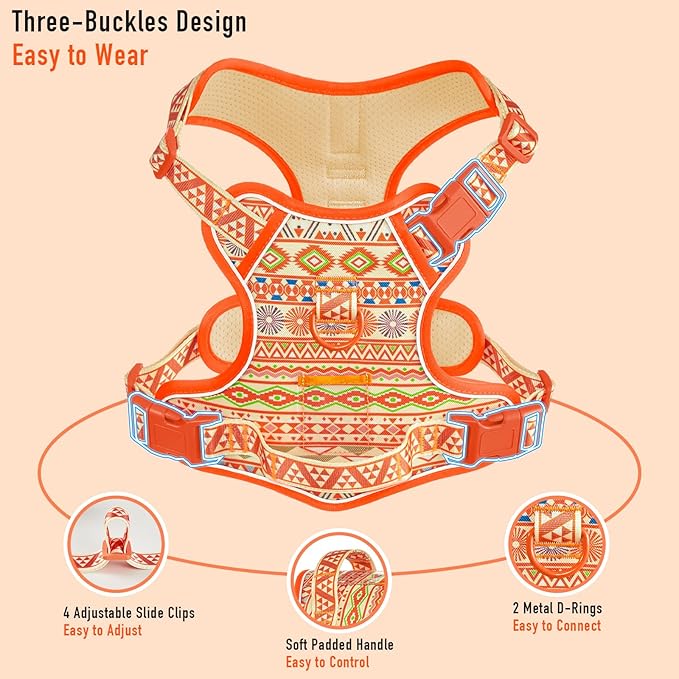 Dog Harness for Giant Dogs, Heavy Duty No Pull Pet Harness Vest Easy Control with Handle, Adjustable Reflective Extra Big Sized Dog Vest for Training, Walking, Hiking, Orange Ethnic, XL